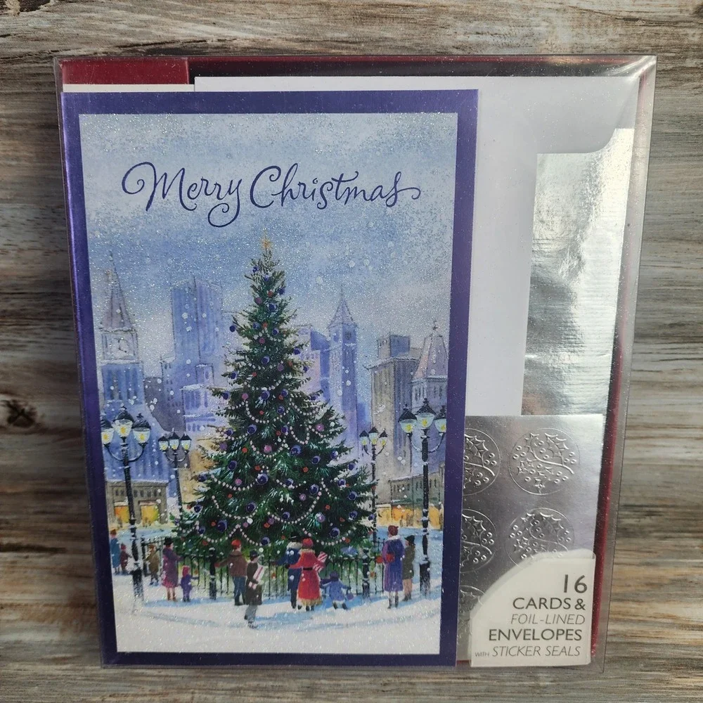 American Greetings Christmas Cards 16ct Boxed Set City Tree Foil Lined Envelopes